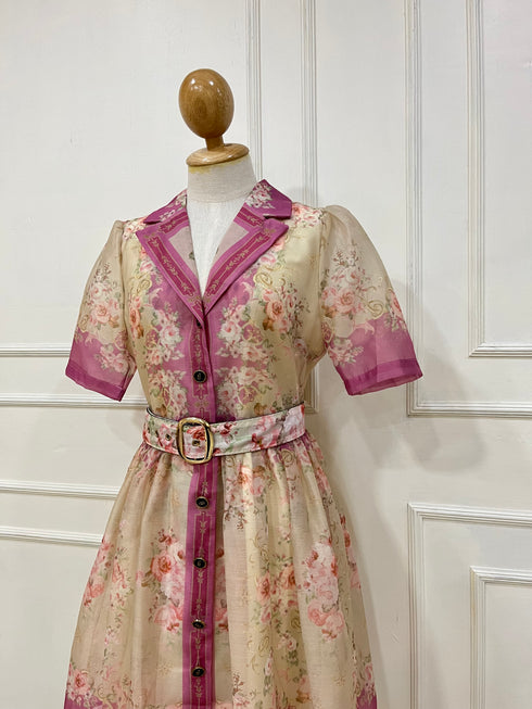 High Quality Floral Print Belted Short Sleeves Mini Dress